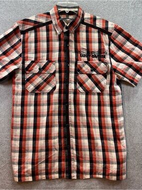 Harley Davidson Short Sleeve Shirt Medium Orange Plaid Button Up Cotton Pockets